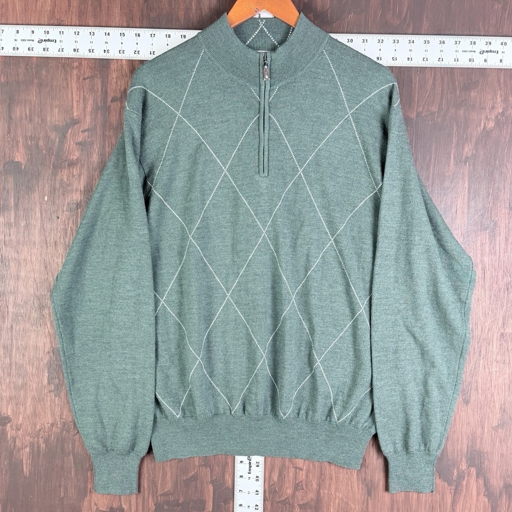 Peter Millar Sweater‎ Extra Fine Italian Merino Wool 1/2 Zip Argyle Green Men XL
